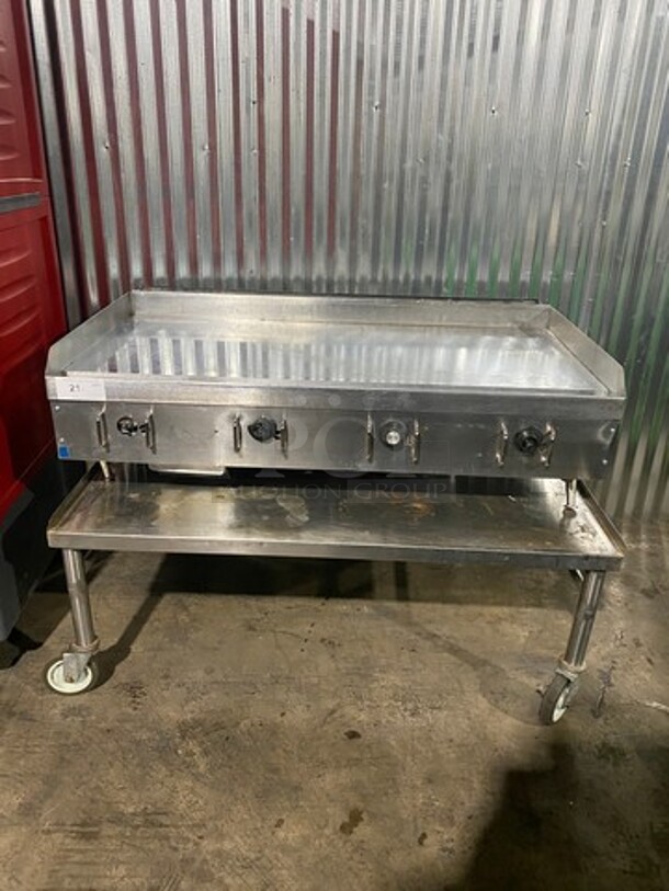 Vulcan Stainless Steel Commercial Natural Gas Powered Mirror Shine Flat Top Griddle! With Back & Side Splashes! On Equipment Stand! On Casters! - Image 1 of 11