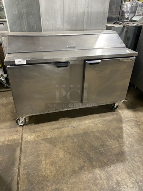 Beverage Air Commercial Refrigerated Mega Top Sandwich Prep Table! With 2 Door Storage Space Underneath! Poly Coated Racks! All Stainless Steel! On Casters! Model: SPE6016 SN: 10904853 115V 60HZ 1 Phase