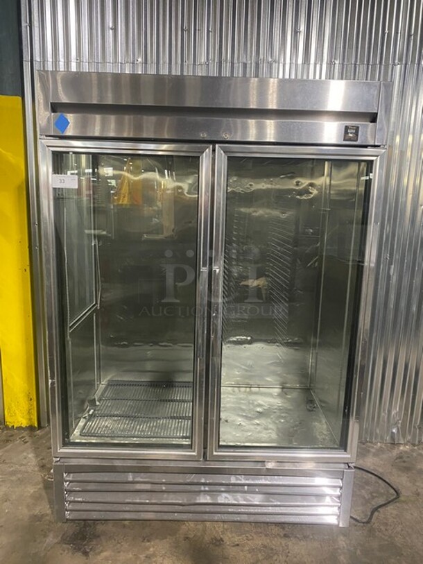 True Stainless Steel 2 Door Glass Display Cooler With Poly Racks!  - Image 1 of 8