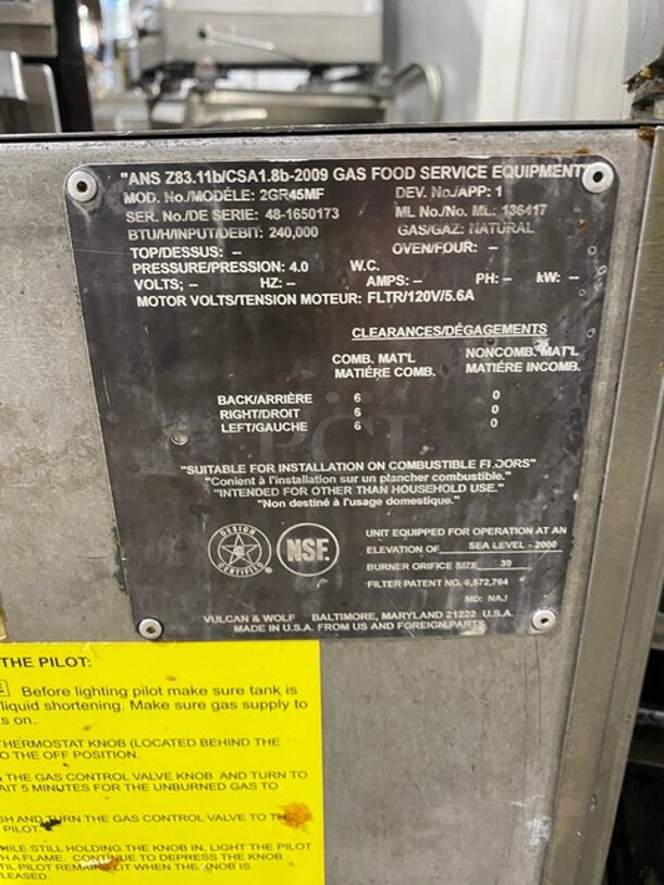 NICE! LATE MODEL! Vulcan Commercial Natural Gas Powered 2 Bay Deep Fat Fryer! With Backsplash! With Oil Filter System! All Stainless Steel! With 4 Frying Baskets! On Casters! Model: 2GR45MF SN: 48-1650173! Working When Removed! - Image 8 of 9