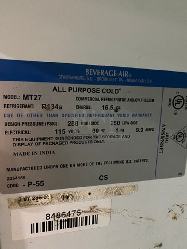 Beverage Air Commercial Single Door Reach In Refrigerator Merchandiser! With View Through Door! With Poly Coated Racks! Model: MT27 SN: 8486475 115V 60HZ 1 Phase - Image 6 of 8