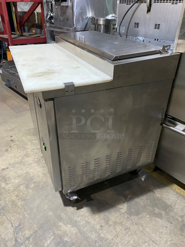 NICE! Entree Refrigerated Pizza Prep Table! With Cold Top! With Commercial Cutting Board! Single Door Storage Area Underneath! With Poly Coated Rack! All Stainless Steel! On Casters! Model: P47 SN: 1402ENTH04423 115V 60HZ 1 Phase - Image 3 of 11