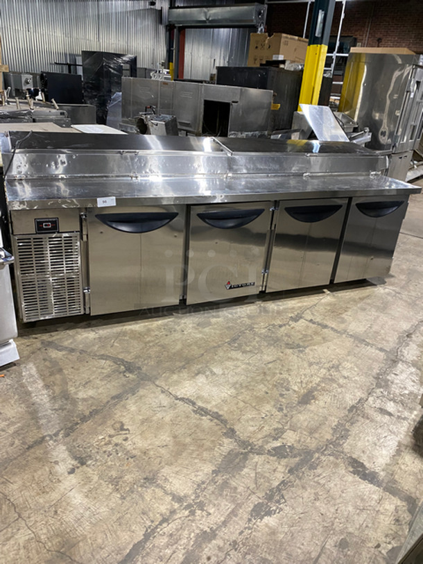 NICE! Victory Commercial Refrigerated 
Pizza Prep Table! With 4 Door Underneath Storage Space! With Poly Coated Racks! All Stainless Steel! On Casters! Model: VPT119 SN: A1190652 115V 60HZ 1 Phase