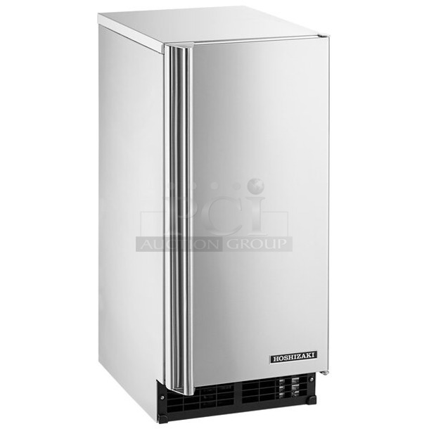 BRAND NEW SCRATCH & DENT! Hoshizaki AM-50BAJ 14 7/8" Air Cooled Undercounter Top Hat Cube Ice Machine - 51 lb. Power plug is bent. Right Side is dented. 	 - Image 1 of 7