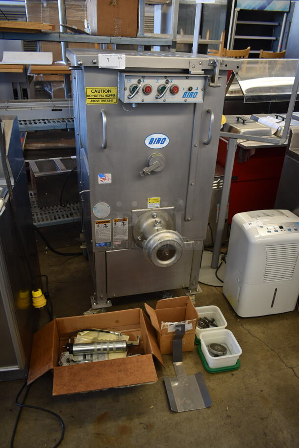 Biro Stainless Steel Commercial Floor Style Meat Mixer Grinder w/ Extra Parts on Commercial Casters. Appears to Be Model AFMG-48II. 220/250 Volts, 3 Phase. - Image 1 of 11