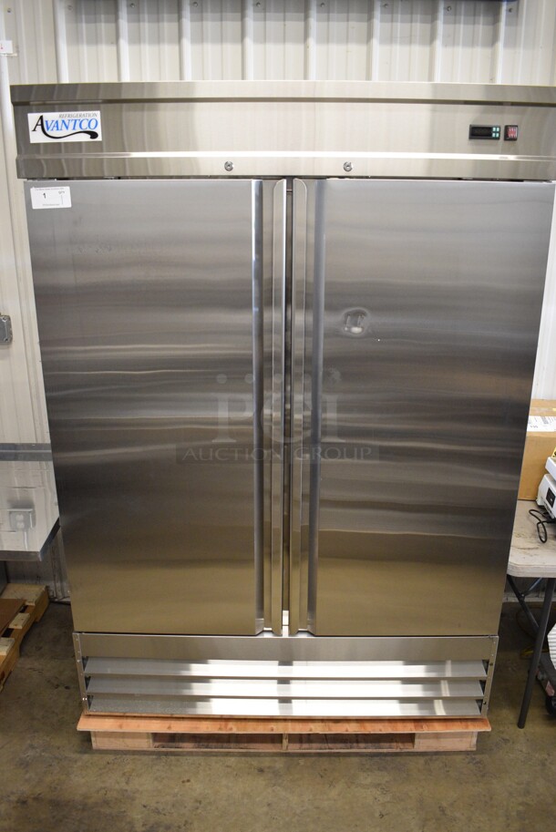 BRAND NEW SCRATCH AND DENT! Avantco Model 178SS2FHC Stainless Steel Commercial Two Door Reach In Freezer w/ Poly Coated Racks on Commercial Casters. 115 Volts, 1 Phase. 54x32x77.5. Tested and Working!