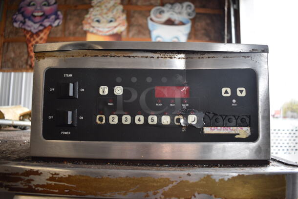 Blodgett Model 1048DD/AA-S Stainless Steel Commercial Natural Gas Powered Single Deck Pizza Oven on Metal Legs w/ Commercial Casters. Comes w/ 2 Cooking Stones. Unit Has An Added Humidity Steam Box Attachment For Donut Baking. 80,000 BTU. 60.5x45.5x72.5 - Image 4 of 12