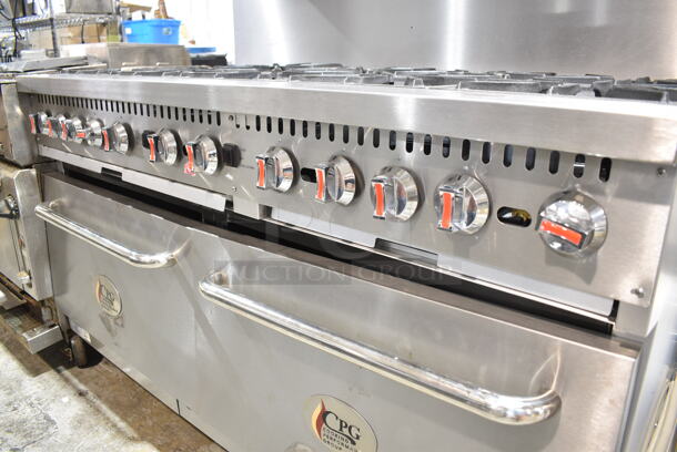 BRAND NEW SCRATCH AND DENT! Cooking Performance Group CPG 351CC60N Stainless Steel Commercial Natural Gas Powered 10 Burner Range w/ 2 CONVECTION Ovens, Over Shelf and Back Splash. 364,000 BTU.  - Image 4 of 10