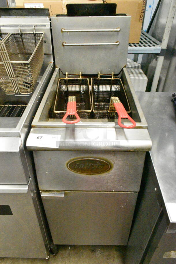Entree F3-N Stainless Steel Commercial Floor Style Natural Gas Powered Deep Fat Fryer w/ 2 Metal Fry Baskets. 90,000 BTU.  - Image 1 of 5