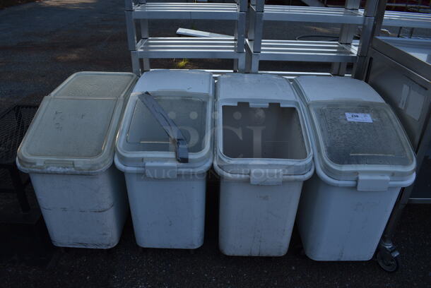 4 White Poly Ingredient Bins on Commercial Casters. Missing 1 Lid Piece. 15x29x29. 4 Times Your Bid!