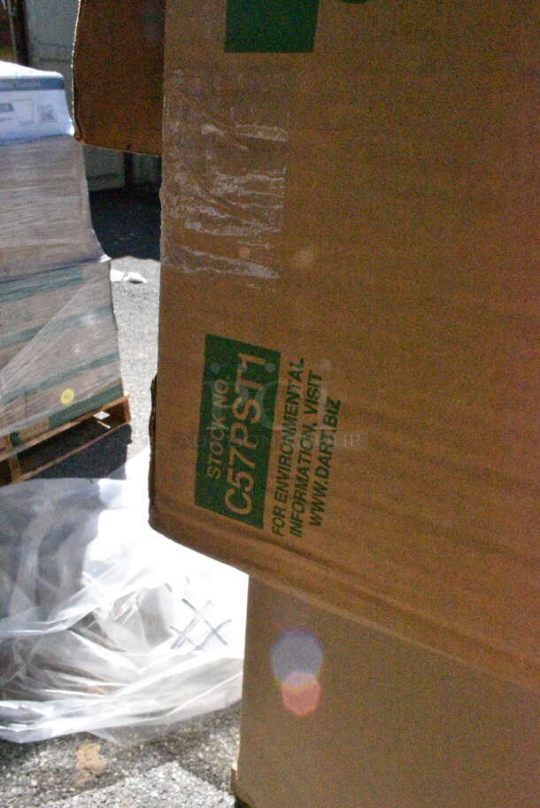 25 BRAND NEW Boxes Including 475DW30ROBK 30 Gallon Black Powder-Coated Metal Round Decorative Waste Receptacle, 130ROLLKFSSV Pre-Rolled Linen-Feel White Napkin and Silver Heavy Weight Plastic Cutlery Set, 50HT1 White Foam Hinged Lid Container, 127RDTFLBULK Choice Microwavable Translucent Customizable Recessed Fit Deli Lid - 500/Case, 795200CSTN1M Carnival King #200 2 lb. Cornerstone Paper Food Tray, 5002FC100 Choice 100 Sheet 2-Ply Facial Tissue Box - 30/Case, Dart C57PST1 ClearSeal Hinged Lid Plastic Container 6" x 5 13/16" x 3" - 500/Case, 612D3COMP Choice 8 1/2"x 6 3/8" 3-Compartment Oblong Foil Take-Out Container with Board Lid - 250/Case. 25 Times Your Bid! - Image 10 of 12