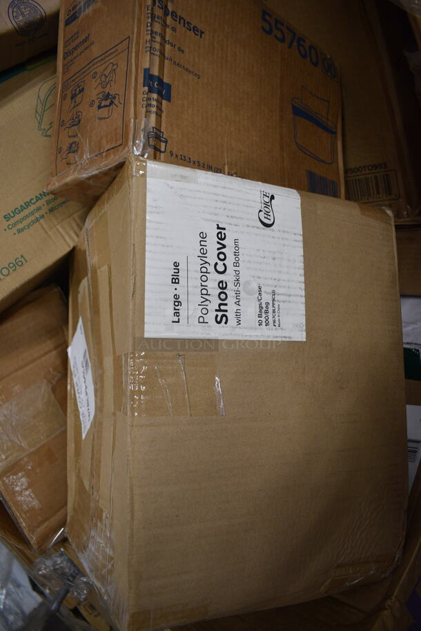 PALLET LOT of 32 BRAND NEW Boxes Including 712B5548D Steelton Stainless Steel Double Tier Speed Rail - 48", Kimberly-Clark Professional 55760 Gray C-Fold / Multifold Countertop Paper Towel Dispenser, Choice Shoe Covers, 24515112CBKBL Baker's Lane 15" x 11 1/2" x 2 1/4" Kraft Auto-Popup Donut / Bakery Box - 100/Bundle, 966TALLFLDN Choice Kraft Natural Tall-Fold 6" x 13" Dispenser Napkin - 8000/Case, Libbey 840-520R-8 Porcelana Rolled Edge Coupe Platter 8" x 6 1/4" Bright White Oval Porcelain - 36/Case, 407ALSC12 Choice 12 oz. One-Piece Aluminum Scoop, 395TO961 EcoChoice 9" x 6" x 3" Compostable Sugarcane / Bagasse 1 Compartment Take-Out Container - 200/Case, 129MCR24B Choice 24 oz. Black Round Microwavable Heavy Weight Container with Lid 7 1/4" - 150/Case, AD12 Genpak 12 oz. Clear Hinged Deli Container - 200/Case, 999IC16B Choice 16 oz. Blue Paper Frozen Yogurt / Food Cup - 50/Pack. 32 Times Your Bid!  - Image 5 of 12