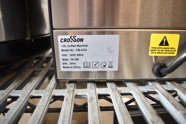 BRAND NEW SCRATCH AND DENT! 2024 Crosson CB-GD2 Stainless Steel Countertop Coffee Machine w/ Coffee Pot and Metal Brew Basket. 120 Volts 1 Phase.  - Image 8 of 8