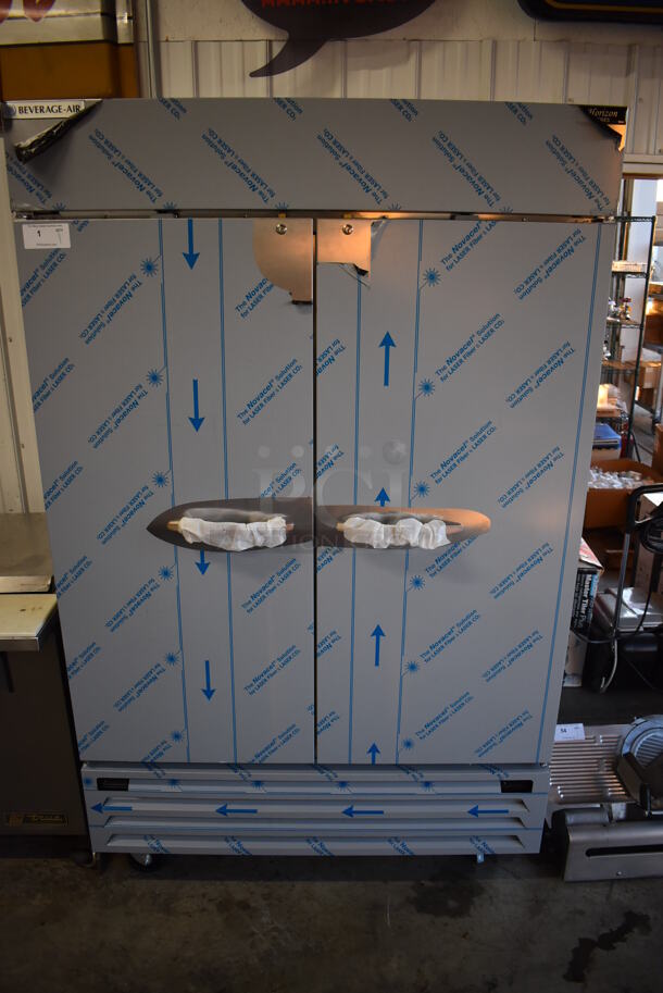 BRAND NEW! Beverage Air HBRF49HC-1-A Stainless Steel Commercial 2 Door Reach In Cooler Freezer Combo Unit on Commercial Casters. Comes w/ Poly Coated Racks. 115 Volts, 1 Phase. 51.5x32x84. Tested and Working! - Image 1 of 12