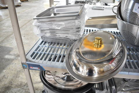 14 BRAND NEW! Stainless Steel Items; 1/2 Size Drop In Bins, Oval Trays, Dome Cover. 14 Times Your Bid!