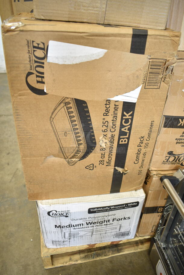PALLET LOT of 37 BRAND NEW Boxes Including Dart 205HT1 White Foam Take Out Container with Perforated Hinged Lid 9" x 6" x 3" - 200/Case, 7072318PP Sabert Mozaik 17 1/2" x 6 1/2" White Plastic Platter / Catering Tray - 25/Case, 4 Box 394345XL Noble NexGen Powder-Free Disposable Black Hybrid 3 Mil Thick Gloves - Extra Large - 1000/Case, 129MCR24B Choice 24 oz. Black Round Microwavable Heavy Weight Container with Lid 7 1/4" - 150/Case, 129MCS28B Choice 28 oz. Black Rectangular Microwavable Heavy Weight Container with Lid 8 3/4" x 6 1/4" x 1 3/4" - 150/Case, 130WFORKWP Choice Individually Wrapped Medium Weight White Plastic Fork - 1000/Case, 433NHT10 Choice 1/6 Standard Size White "Thank You" Medium-Duty Plastic T-Shirt Bag - 1000/Case, 795PTOKFT3 Choice Kraft Microwavable Folded Paper #3 Take-Out Container 7 3/4" x 5 1/2" x 2 1/2" - 200/Case, 795PTOKFT2 Choice Kraft Microwavable Folded Paper #2 Take-Out Container 7 3/4" x 5 1/2" x 1 7/8" - 200/Case, 433W1657SACK Choice 1/6 57# White Heavy-Duty Paper Barrel Sack - 500/Case, 500CC12 Choice Clear PET Customizable Plastic Cold Cup - 12 oz. - 1000/Case, 50016W Choice 16 oz. White Poly Paper Hot Cup - 1000/Case, 70780HL Sabert Catering Pop-Top 10 3/4" Square Clear PET Hinged Lid for 80 oz. Square Bowls - 50/Case, 442BOX8CUBE Lavex 8" x 8" x 8" Kraft Corrugated RSC Shipping Box - 25/Bundle, 3 Box 128HD12COMBO ChoiceHD 12 oz. Microwavable Translucent Plastic Deli Container and Lid Combo Pack - 240/Case, 4619993HS Metro 9993HS Equivalent 3 1/2" Stainless Steel Foot Plate. 37 Times Your Bid! - Image 5 of 12