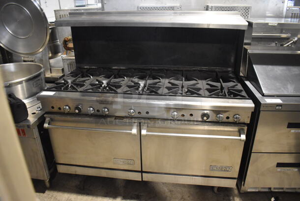 Imperial Commercial Stainless Steel Natural Gas Range With 10  Burners and 2 Ovens With Metal Racks On Commercial Casters. 