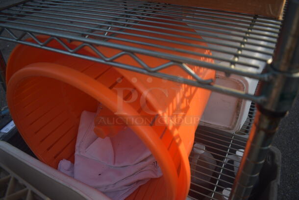 ALL ONE MONEY! Lot of Items Including Open Utility Shelf With Metro Style Shelving, Linens, Orange Salad Spinner With Lid, Trash Can, Dish Caddy, Picture Frames, Toilet Paper, Steel Baking Trays, Circular Steel Tins, AND MORE! BUYER MUST DISMANTLE. PCI CANNOT DISMANTLE FOR SHIPPING. PLEASE CONSIDER FREIGHT CHARGES. - Image 8 of 11