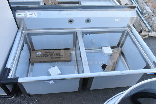 BRAND NEW SCRATCH AND DENT! Regency 600S22424 55" 16 Gauge Stainless Steel Two Compartment Commercial Sink with Stainless Steel Legs and Cross Bracing - 24" x 24" x 14" Bowls - Image 2 of 5
