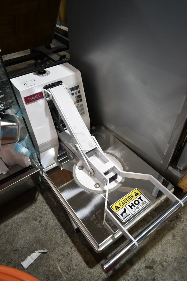 BRAND NEW SCRATCH AND DENT! Estella 348DPC1620T Metal Commercial Countertop 16" x 20" Dual-Heat Manual Clamshell Tortilla Dough Press. 240 Volts, 1 Phase.  - Image 4 of 5