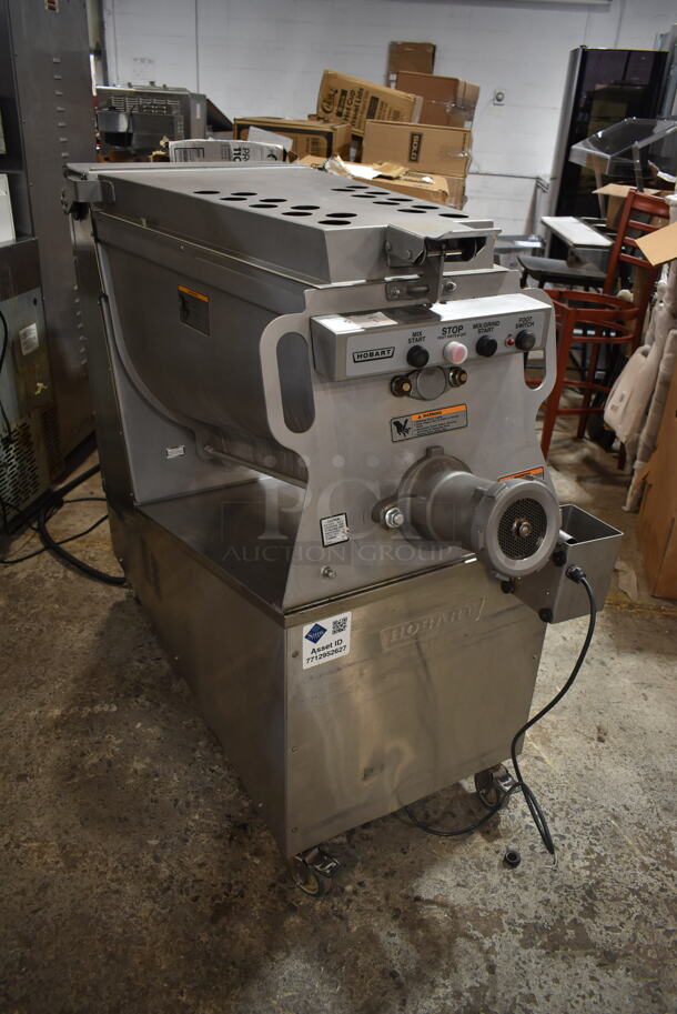 2017 Hobart MG2032 Metal Commercial Floor Style Electric Powered Meat Mixer Grinder w/ Foot Pedal on Commercial Casters. 208 Volts, 3 Phase. Tested and Working!