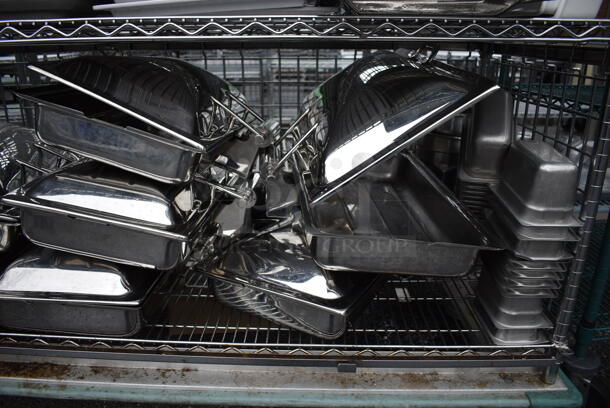ALL ONE MONEY! Lot of Chrome Finish 4 Tier Shelving Unit on Commercial Casters w/ All Contents Including Metal Drop Ins, White Ceramic Plates. BUYER MUST DISMANTLE. PCI CANNOT DISMANTLE FOR SHIPPING. PLEASE CONSIDER FREIGHT CHARGES. 60x25x72 - Image 7 of 9