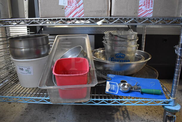ALL ONE MONEY! Tier Lot of Various Items Including Metal Beer Buckets, Metal Bowls, Poly Bin, Metal Chafing Dish Frames