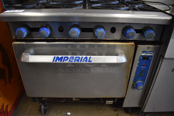 Imperial Stainless Steel Commercial Natural Gas Powered 6 Burner Range w/ Salamander Cheese Melter, Convection Oven and Back Splash on Commercial Casters. 36x33x73 - Image 6 of 8
