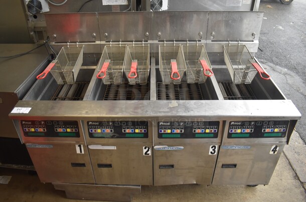 2014 Pitco Frialator Model SSH60 ENERGY STAR Stainless Steel Commercial 4 Bay Natural Gas Powered Deep Fat Fryer w/ 6 Metal Fry Baskets and Filtration System on Commercial Casters. 80,000 BTU. 62.5x35x49 - Image 1 of 11