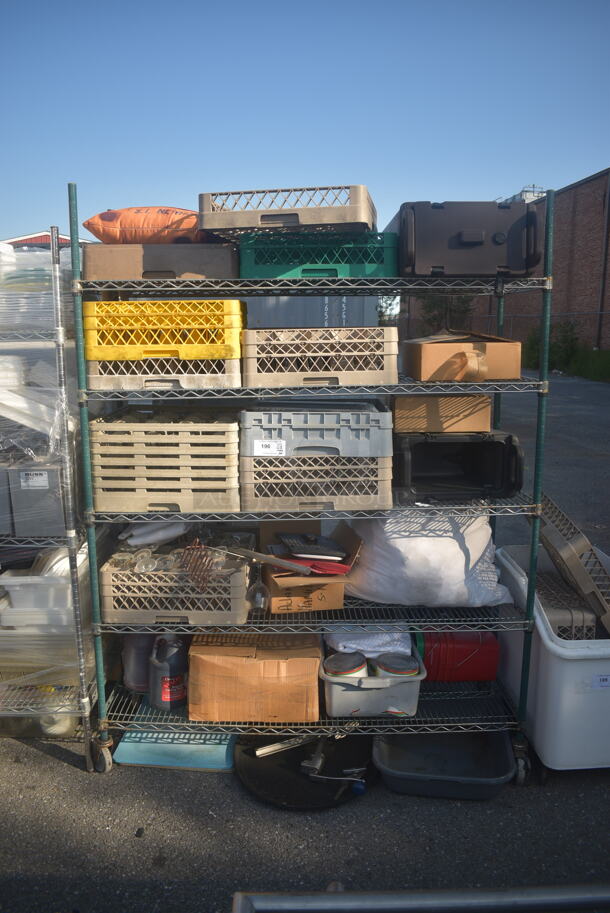 ALL ONE MONEY! Lot of Items Including Open Utility Shelf With Metro Style Shelving On Commercial Casters, Dish Caddies, Glasses, Cooking Wine, Cutting Boards, Receipt Paper, Red Buckets With Steel Handles, AND MORE! BUYER MUST DISMANTLE. PCI CANNOT DISMANTLE FOR SHIPPING. PLEASE CONSIDER FREIGHT CHARGES.