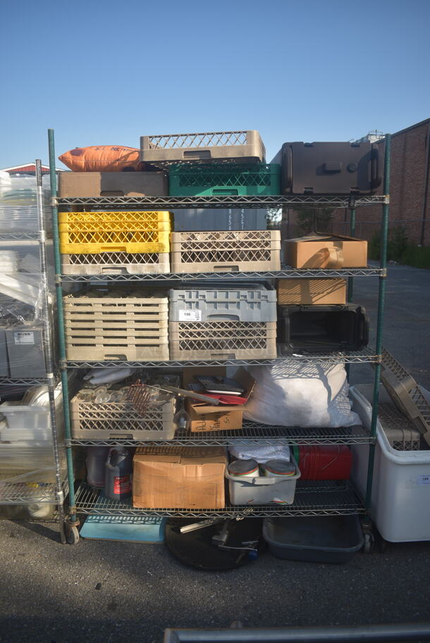 ALL ONE MONEY! Lot of Items Including Open Utility Shelf With Metro Style Shelving On Commercial Casters, Dish Caddies, Glasses, Cooking Wine, Cutting Boards, Receipt Paper, Red Buckets With Steel Handles, AND MORE! BUYER MUST DISMANTLE. PCI CANNOT DISMANTLE FOR SHIPPING. PLEASE CONSIDER FREIGHT CHARGES. - Image 1 of 11