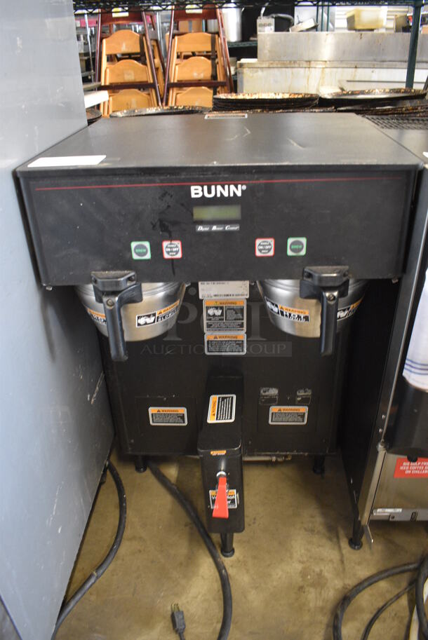 2012 Bunn Model DUAL TF DBC Commercial Metal Countertop Double Coffee Machine w/ Hot Water Dispenser and 2 Metal Brew Baskets. 120/208 Volts, 1 Phase. 22x20x34.5