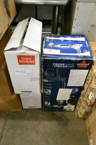 3 Items Including IN ORIGINAL BOX! Bissell Crosswave Cordless Max Vacuum Cleaner and 2 BRAND NEW! Brother RLX3817A Sewing Machine. 3 Times Your Bid! 