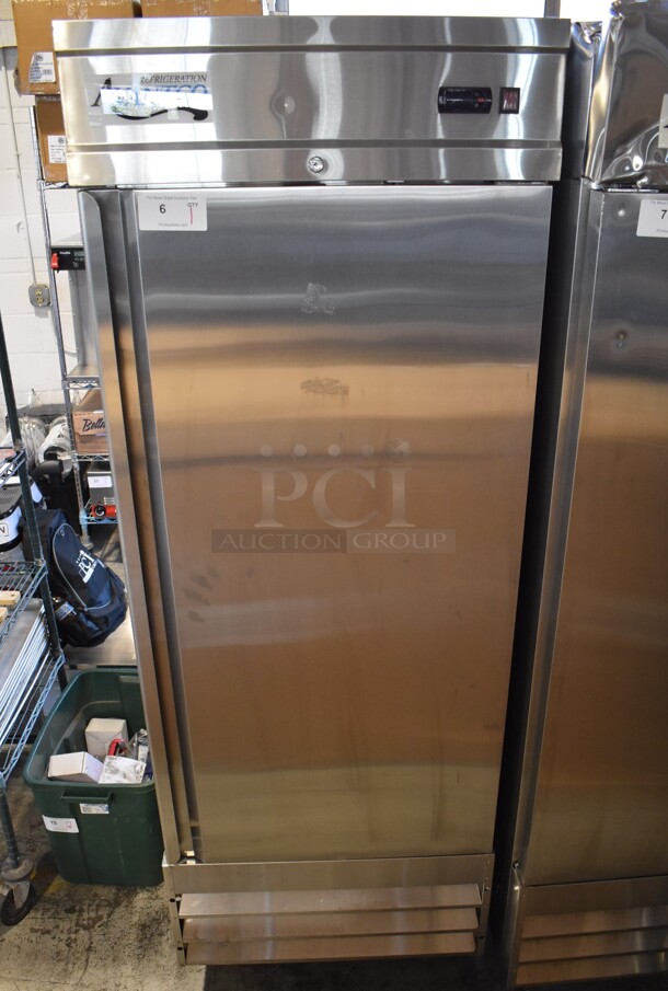 LIKE NEW! Avantco 178SS1RHC Stainless Steel Commercial Single Door Reach In Cooler w/ Poly Coated Racks on Commercial Casters. 115 Volts, 1 Phase. 29x33x82.5. Tested and Powers On But Does Not Get Cold