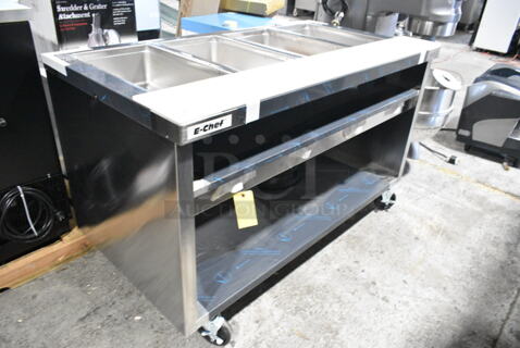 BRAND NEW! 2023 Delfield EHEI60C Stainless Steel Commercial Floor Style Electric Powered 4 Bay Steam Table w/ Under Shelf on Commercial Casters. 208-230 Volts, 1 Phase.