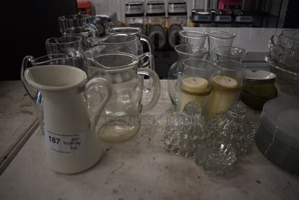 ALL ONE MONEY! Lot of Items on Tabletop Including Glass Plates, Ceramic Plates and Pitchers - Image 2 of 9