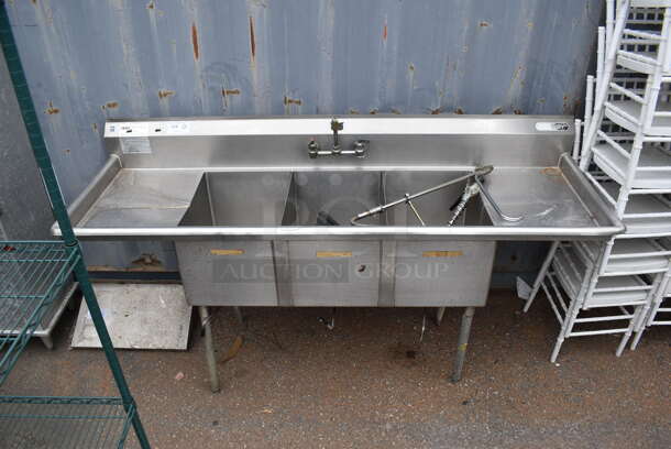 Duke Stainless Steel Commercial 3 Bay Sink w/ Dual Drain Boards, Faucet and Spray Nozzle Attachment. 