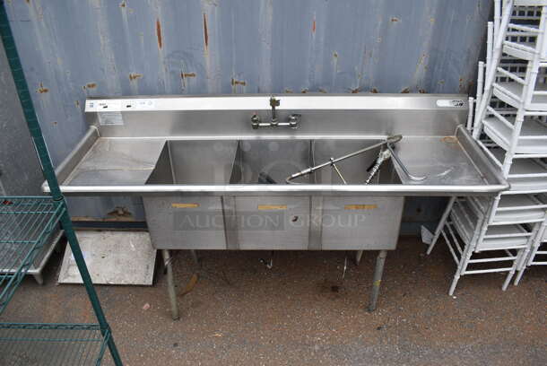 Duke Stainless Steel Commercial 3 Bay Sink w/ Dual Drain Boards, Faucet and Spray Nozzle Attachment.  - Image 1 of 4