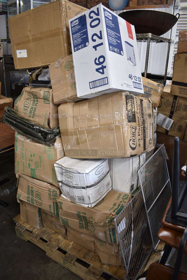 PALLET LOT of 28 BRAND NEW Boxes Including Dart 12EL White Travel Lid - 1000/Case, HP3402711100 Traulsen 340-27111-00 Shelf, HP3402600002 Traulsen 340-26000-02 Shelf, 347RPBD10WHG 10" White Plastic Plate with Gold Bands, 461202 Tork Dispenser, Eilat 426-C 9" Plates, 50012PL Cups, 500CC32P Heavy Weight Clear PET Plastic Cold Cup, 500TO993 Choice 9" x 9" x 3" Microwavable 1-Compartment Black / Clear Plastic Hinged Container - 100/Case. 28 Times Your Bid!  - Image 1 of 12