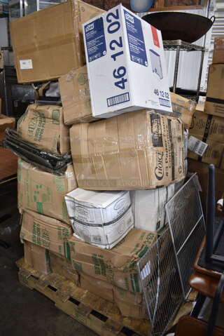 PALLET LOT of 28 BRAND NEW Boxes Including Dart 12EL White Travel Lid - 1000/Case, HP3402711100 Traulsen 340-27111-00 Shelf, HP3402600002 Traulsen 340-26000-02 Shelf, 347RPBD10WHG 10" White Plastic Plate with Gold Bands, 461202 Tork Dispenser, Eilat 426-C 9" Plates, 50012PL Cups, 500CC32P Heavy Weight Clear PET Plastic Cold Cup, 500TO993 Choice 9" x 9" x 3" Microwavable 1-Compartment Black / Clear Plastic Hinged Container - 100/Case. 28 Times Your Bid! 