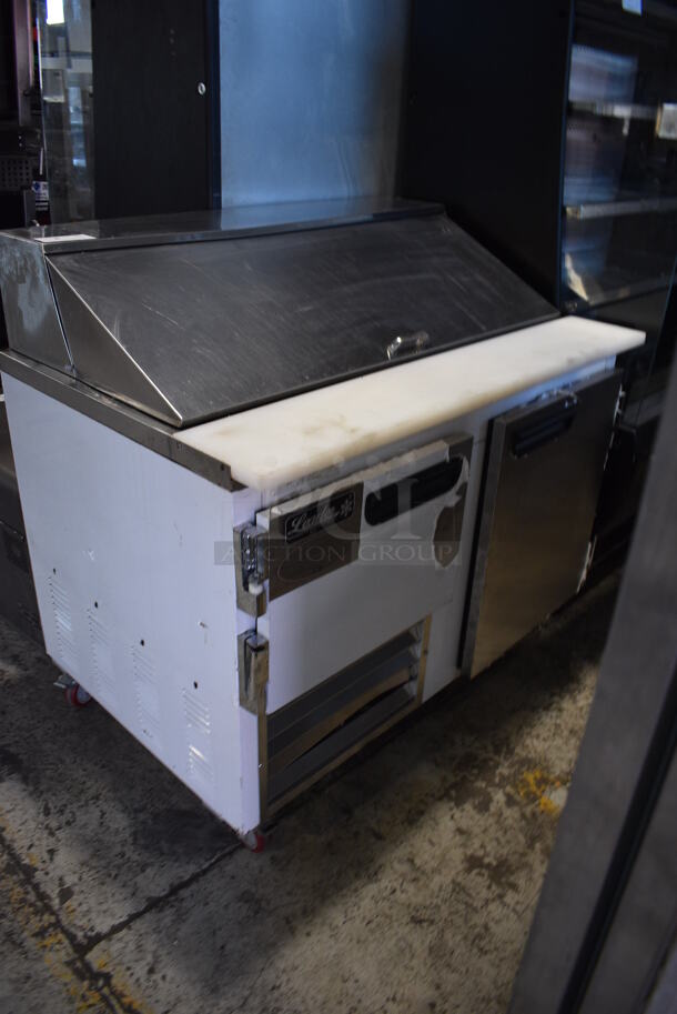 2018 Leader Model LM48 S/C Stainless Steel Commercial Sandwich Salad Prep Table Bain Marie Mega Top on Commercial Casters. 115 Volts, 1 Phase. 48x32x45.5. Tested and Working!