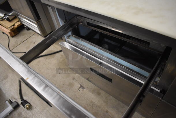 Delfield Stainless Steel Commercial Sandwich Salad Prep Table Bain Marie Mega Top w/ 4 Drawers and Over Shelf on Commercial Casters. 115 Volts, 1 Phase. 64x32x57. Tested and Working! - Image 8 of 10
