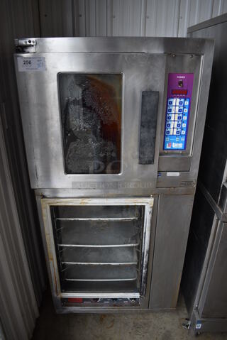 Lang Stainless Steel Commercial Electric Powered Half Size Convection Oven w/ Lower Proofer on Commercial Casters. 250 Volts, 1 Phase. 30x27x65