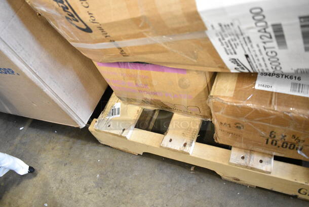 PALLET LOT of 22 BRAND NEW Boxes Including 612509PCO Choice Round Standard Weight Foil Take-Out Dome Lid, 594PSTK616 Paper Lollipop / Cake Pop Stick 6" x 5/32" - 10000/Case, 600DIB11830LD Regency Stainless Steel Sliding Lid for 18" x 30" Drop-In Ice Bins, 129MCR24B Choice 24 oz. Black Round Microwavable Heavy Weight Container with Lid 7 1/4" - 150/Case, 500HBB12 8 oz. (12 oz. Honey Weight) Bear PET Honey Bottle - 365/Case, 554LPGVFTR Backyard Pro Vegetable / Fish Tray for LPG Grills, 233393581002 Bunn 39358.1002 Stainless Steel Basket With Decals for Single and Dual Titan Coffee Brewers, Dart 6J6 6 oz. White Customizable Foam Cup - 1000/Case, 2 Box 95HT3R Dart 95HT3R 9 1/2" x 9" x 3" White Foam Three-Compartment Square Take Out Container with Hinged Lid - 200/Case, 795KFT44RNPE Choice 44 oz. Round Kraft PE-Lined Microwavable Take-Out Container 7 5/16" x 2 5/8" - 300/Case, 2 Box Dart 80HT1R 8" x 7 1/2" x 2" White Foam Square Take Out Container with Hinged Lid - 200/Case, 130WSPOONWP Choice Individually Wrapped Medium Weight White Plastic Teaspoon - 1000/Case, Cleveland FK110683 Motor, 233423881000 Bunn 42388.1000 Trifecta Cup Assembly for Bunn Trifecta Coffee Brewers. 22 Times Your Bid! - Image 6 of 12