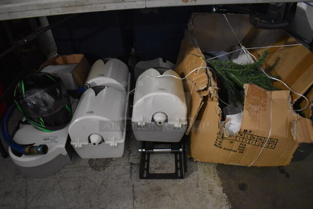 ALL ONE MONEY! Lot of Various Items Under Table Including Poly Paper Towel Dispensers