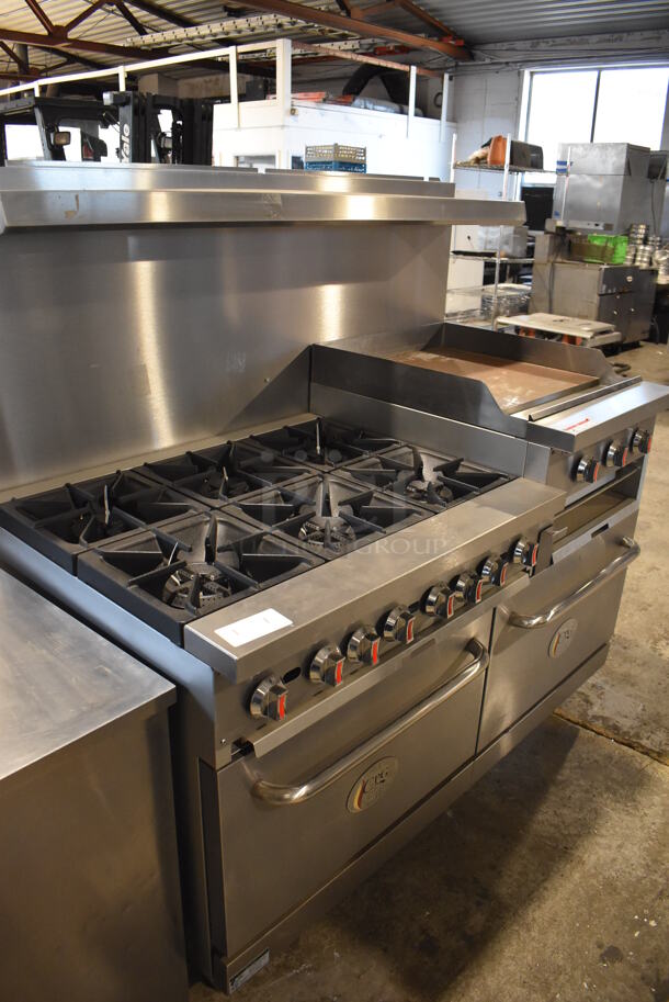 BRAND NEW! CPG S60-GS24-N Stainless Steel Commercial Natural Gas Powered 6 Burner Range w/ Flat Top Griddle, 2 Ovens, Over Shelf and Back Splash. 276,000 BTU. 60x33x60 - Image 2 of 10