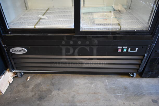 BRAND NEW SCRATCH AND DENT! 2023 KoolMore MDR-2D-GSLD Metal Commercial 2 Door Reach In Cooler Merchandiser w/ Poly Coated Racks on Commercial Casters. 115 Volts, 1 Phase. Tested and Working! - Image 2 of 9