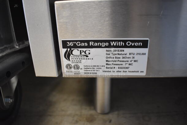 BRAND NEW SCRATCH AND DENT! CPG 351S36N Stainless Steel Commercial Natural Gas Powered 6 Burner Range w/ Oven. 210,000 BTU. 36x30x38 - Image 5 of 7