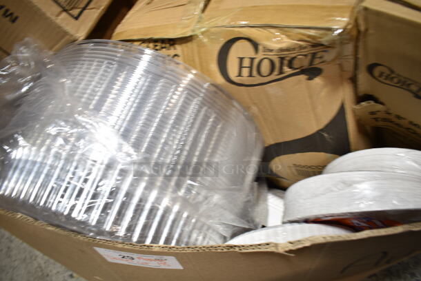 PALLET LOT of 18 BRAND NEW Boxes Including Dart 85HT1R 8" x 8" x 3" White Foam Square Take Out Container with Perforated Hinged Lid - 200/Case, 130WSPOON Choice Medium Weight White Plastic Teaspoon - 1000/Case, 5005DNAPWH Choice Touchstone White Linen-Feel 1/8 Fold Dinner Napkin - 300/Case, 8 oz Hot Cup Lids, 500MF883B1C Choice 8" x 8" 1-Compartment Microwaveable Black Mineral-Filled Plastic Hinged Take-Out Container - 150/Case, 612605070HD Choice Full Size Heavy-Duty Foil Steam Table Pan Deep 3 3/8" Depth - 50/Case. 18 Times Your Bid!  - Image 9 of 11