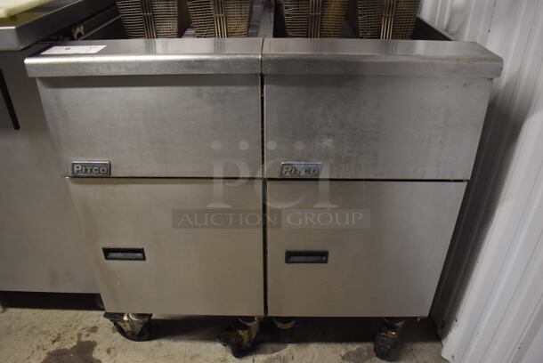 2012 Pitco Frialator SG14 Stainless Steel Commercial 2 Bay Natural Gas Powered Deep Fat Fryer w/ 4 Metal Fry Baskets on Commercial Casters. 110,000 BTU. 31.5x34x48 - Image 8 of 11